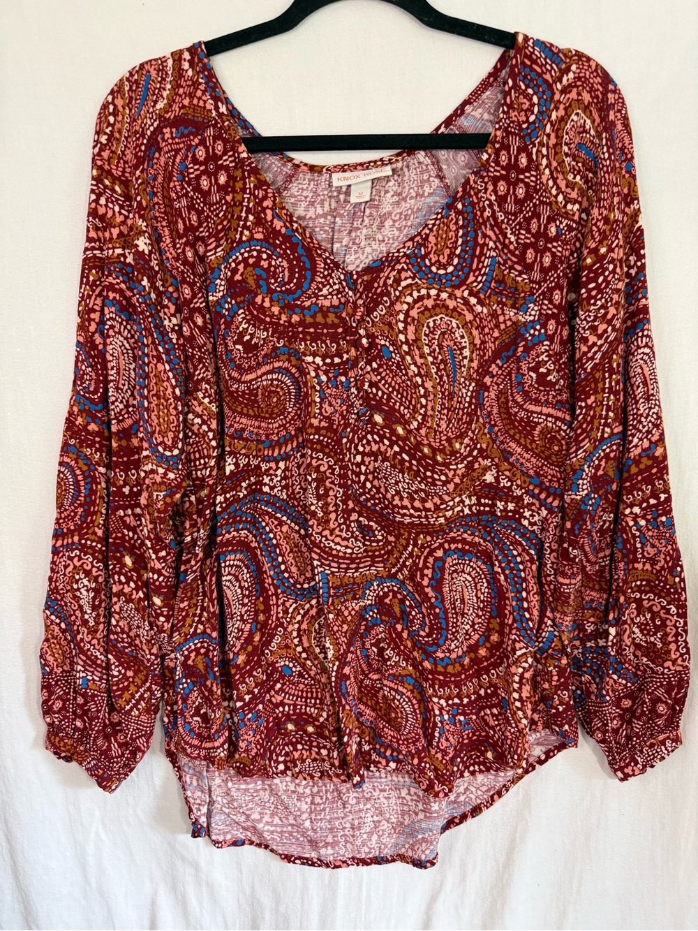 Knox Rose Burgundy Paisley V-Neck Blouse Size XS